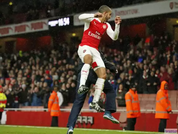 Theo Walcott celebrates with Arsenal supporter in Per Mertesacker absence